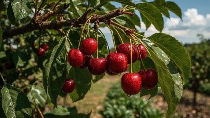 Obraz premium Ripe red cherries hanging on branches ready for picking