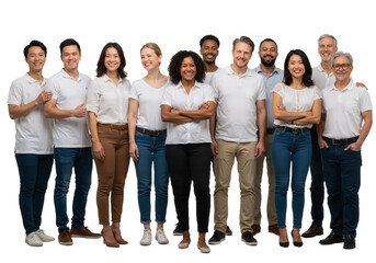 A diverse and confident group of multicultural business professionals standing together as a team, smiling and looking forward.