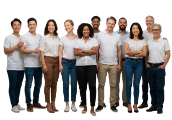 A diverse and confident group of multicultural business professionals standing together as a team, smiling and looking forward.