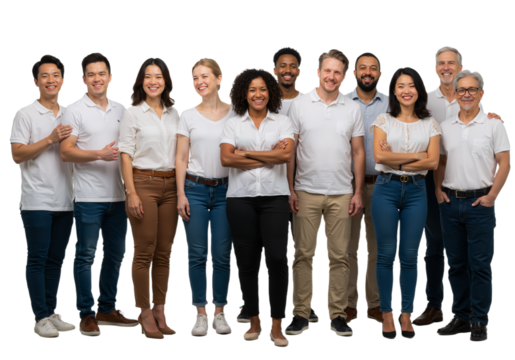 A diverse and confident group of multicultural business professionals standing together as a team, smiling and looking forward.