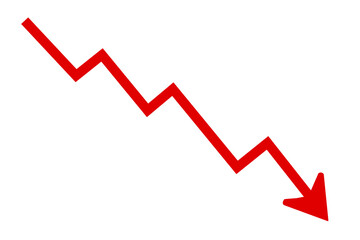 red downward trend line graph with arrow, financial decline symbol, loss icon design for business and stock market