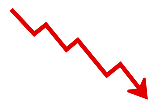 red downward trend line graph with arrow, financial decline symbol, loss icon design for business and stock market