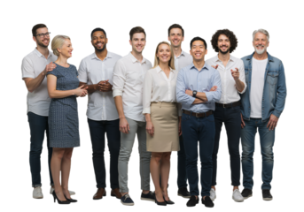 A diverse group of smiling business professionals standing together as a successful team, full-length portrait isolated on white background.