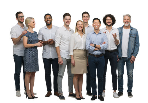 A diverse group of smiling business professionals standing together as a successful team, full-length portrait isolated on white background.