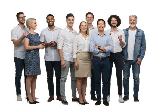 A diverse group of smiling business professionals standing together as a successful team, full-length portrait isolated on white background.