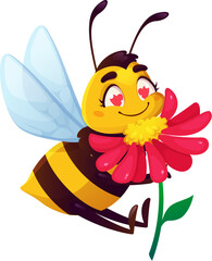 Cartoon funny cute bee character or honeybee in love with flower, vector insect. Funny comic bee or bumblebee with happy face and hearts in eyes hugging garden flower for kids cute insect mascot