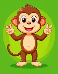 Obraz premium A cheerful cartoon monkey with a playful expression, giving a peace sign against a vibrant green background.
