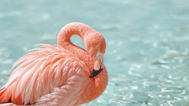 Close-up of a pink flamingo preening its plumage - Powered by Adobe