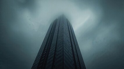 Looking up at a massive, shadowed skyscraper framed by a dull grayish sky.