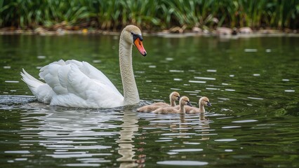 Swan mother leading her cygnets through the water