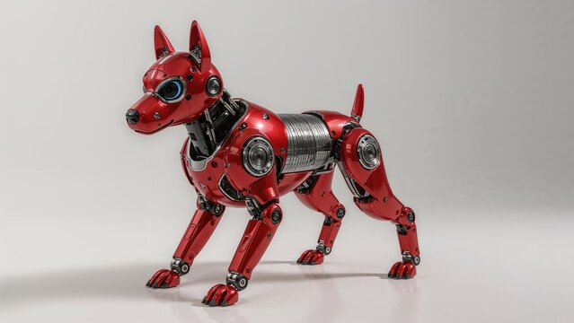 Crimson robotic canine designed for industrial inspection and remote control against a backdrop of white shadows
