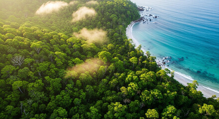 Aerial Forest Meets Turquoise Coastline at Sunrise
