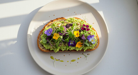 Overhead Vegan Avocado Toast with Microgreens and Edible Flowers