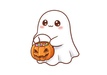 Halloween Transparent PNG Of Cute Cartoon Ghost Holding Candy Bucket Smiling Happily. Generated AI.