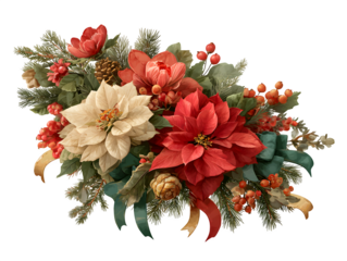 Elegant Christmas floral arrangement with red and white poinsettias, pine cones, berries, and festive ribbon, perfect for holiday designs.