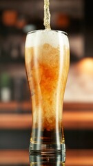 Pouring Beer into Large Glass with Blur Interior Background. Detail of Pint of Beer, Beverages Background. Vertical Aspect Ratio.
