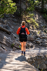 Naklejka premium Hiker In Orange Jacket Walks Along Shelf Trail