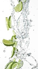 Fresh Lime Slices Falling in Water Splashes, isolated on White Background. Freeze Motion of Fruit Beverages.
