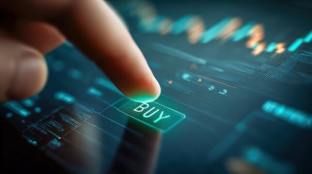 Finger About To Press a Buy Button on a Touch Screen Display Interface with Charts