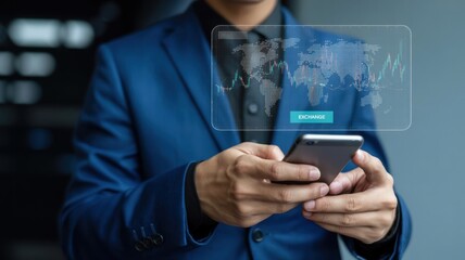 Global Trading - A businessman holding a smartphone, with a glowing world map and a stock market graph, symbolizing international financial exchange