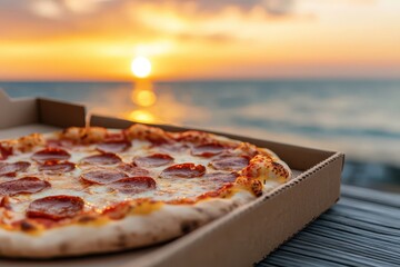 Pepperoni pizza sits in box on beach at sunset