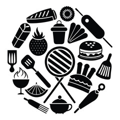 A circular collection of black silhouette icons representing BBQ, grilling, and cooking tools, including grill, spatula, fork, burger, bread, cake, vegetables, and kitchen utensils, perfect for summer