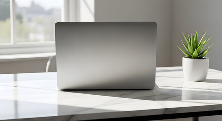 Closed laptop on bright marble desk with plant and sunbeams