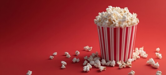 The delicious popcorn bucket overflowing with fluffy kernels on a vibrant red background.