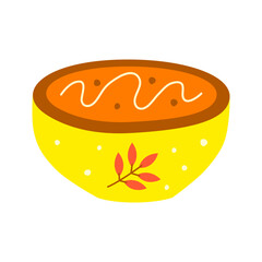 Cute hand drawn flat pumpkin creamy soup puree in bowl isolated on white background. Seasonal autumn food.
