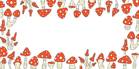 Horizontal background with cute hand drawn colored fly agaric amanita mushrooms and empty space. Autumn backdrop.