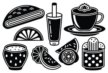 A bold black-and-white icon collection featuring a sandwich, burger bun, tomato slice, bowl of food, soda cup, glass of drink, wine bottle, and citrus fruit wedge, perfect for restaurant menus, cafe b