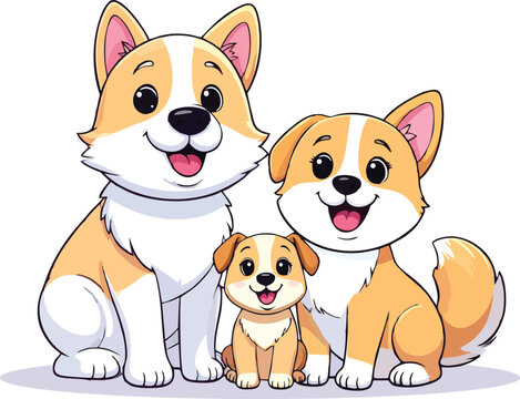illustration cartoon, happy dog family two adult dogs and one puppy