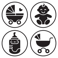 Cute baby items and essentials vector illustration inside circles. Vector black silhouette. with white background.