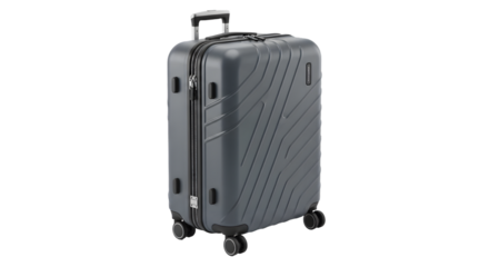 Grey modern travel suitcase with wheels and handle isolated on transparent background