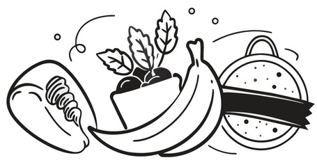 A set of clean black line art icons featuring Mexican-inspired food and drinks, including a taco, fresh salad, citrus slices, sauce bottle, watermelon, juice, and cocktail glass, perfect for restauran