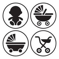 Cute baby items and essentials vector illustration inside circles. Vector black silhouette. with white background.