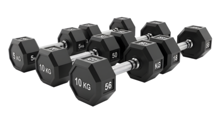 Group of black hexagonal dumbbells with chrome handles isolated on transparent background