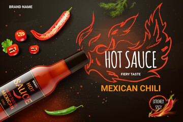 Hot sauce ad. Fire red spicy chili pepper in bottle package realistic advertising commercial background, tomato product with peppers flame flavor spice exact vector illustration