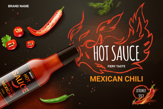 Hot sauce ad. Fire red spicy chili pepper in bottle package realistic advertising commercial background, tomato product with peppers flame flavor spice exact vector illustration