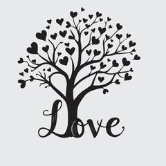 Heart-leaf tree silhouette with &ldquo;Love&rdquo; text &mdash; romantic black vector design for weddings, decor, cards, and spiritual themes