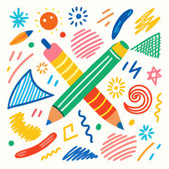 Colorful pencils and abstract shapes doodle art background
