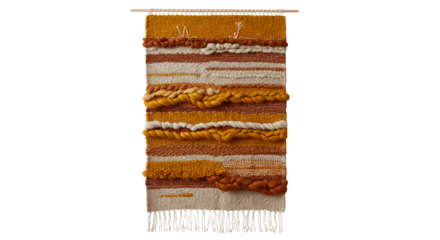 Brown, orange, and cream woven tapestry presents rustic texture; ideal wall art, bohemian design element, or background for interiors, lifestyle, and social media.