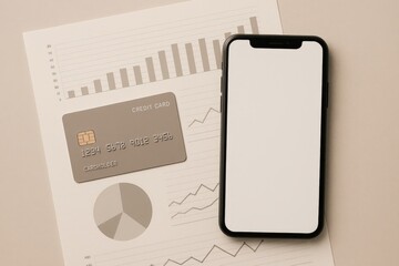 Smartphone with blank screen, credit card and financial charts on beige desk, concept of mobile banking and online finance