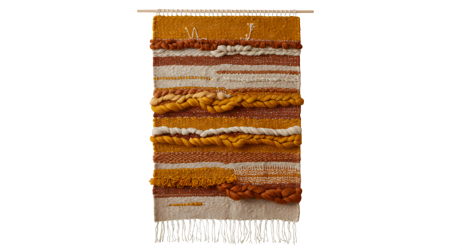Brown, orange, and cream woven tapestry presents rustic texture; ideal wall art, bohemian design element, or background for interiors, lifestyle, and social media.