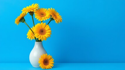 Bright yellow gerbera flowers in a minimalist vase against a vibrant blue background, simple yet striking.