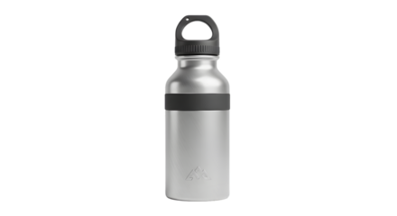 Reusable stainless steel water bottle with handle isolated on transparent background