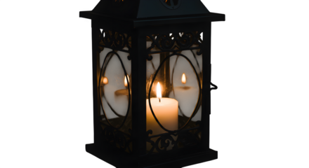 Black lantern holds white candle. Light reflects, creates moody backdrop for holiday posters, seasonal branding, or cozy-themed social media designs.