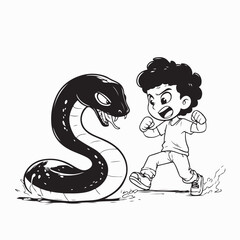 Fototapeta premium Kid Fighting with a Big Snake Character Vector Illustration