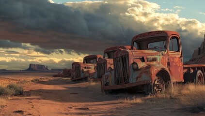 Rusty Trucks Under a Dramatic Sunset Sky in the Desert