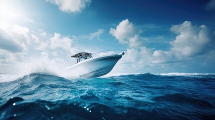 The boat cruising through sparkling blue ocean waves under a dramatic sky.